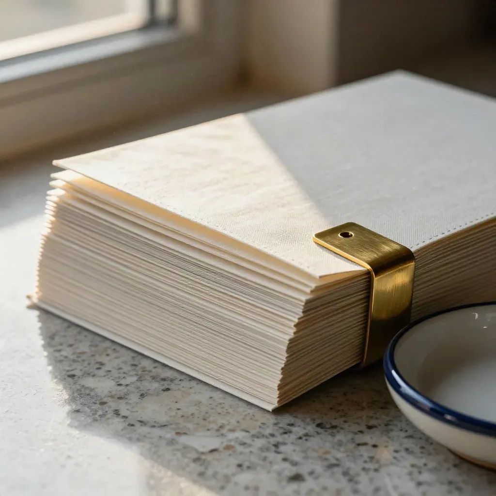 Extreme macro of allocation sleeves, brass clip and ceramic dish on travertine in soft window light