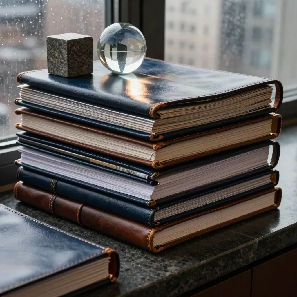 Leather folios, metal report sleeves, stone cube and glass orb in rainy boardroom light