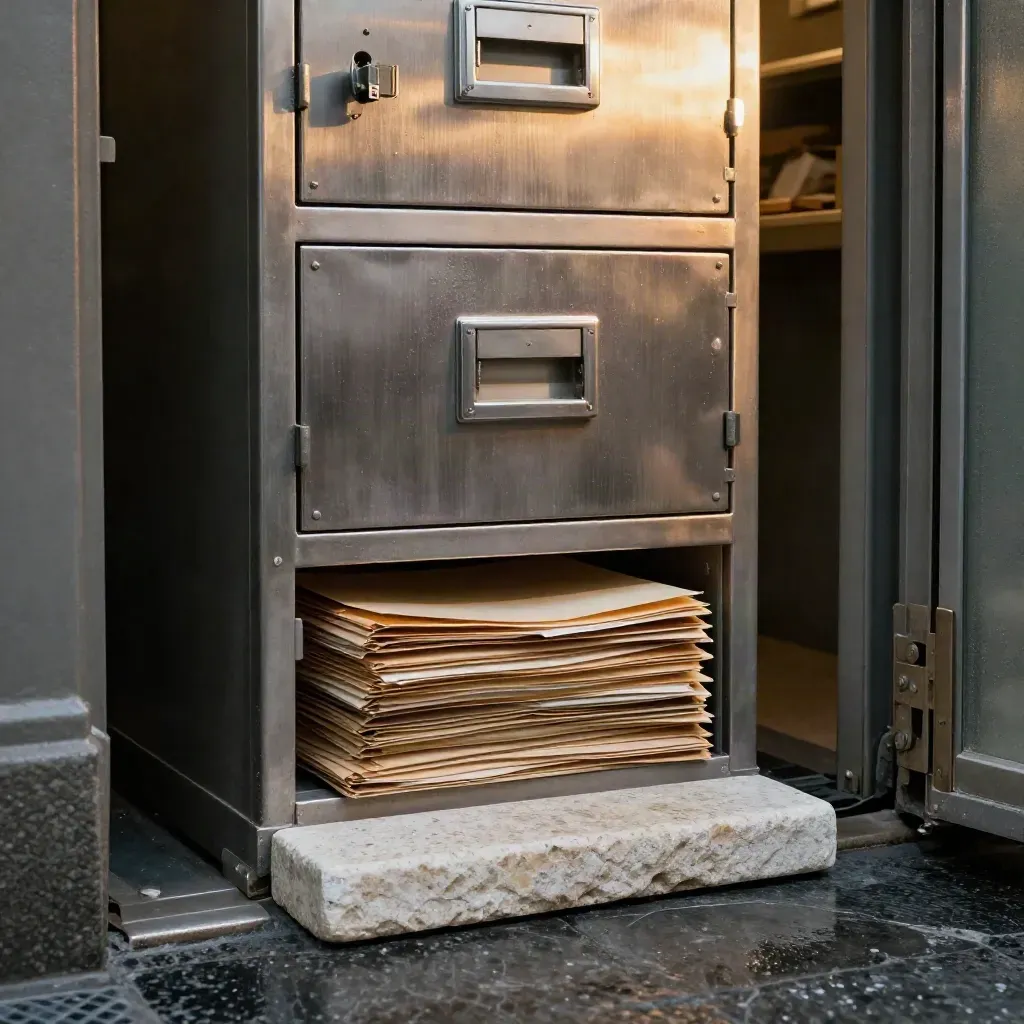 Fireproof archive cabinet with wool-wrapped folders and a stone doorstop in sleet-lit vault