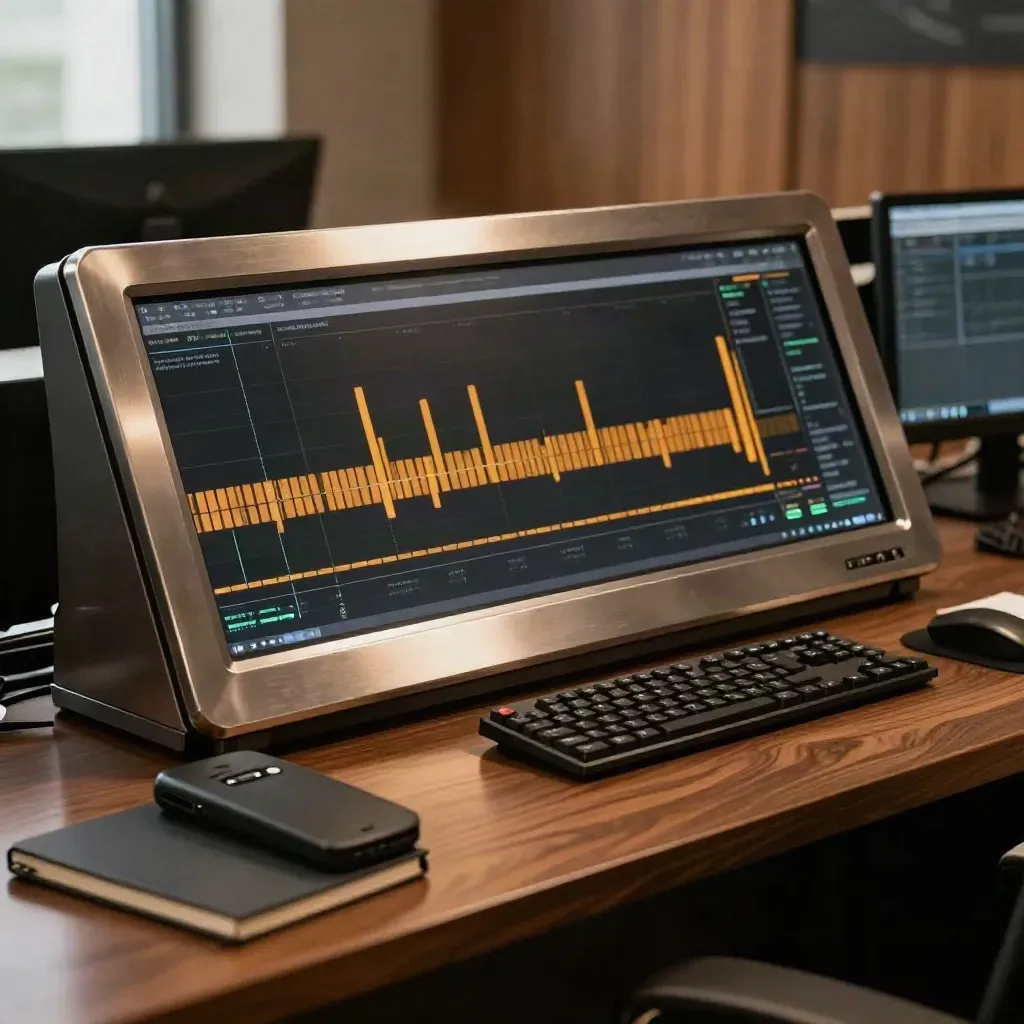 Risk console with amber indicators, closed phone, and notebook edge on a finance desk