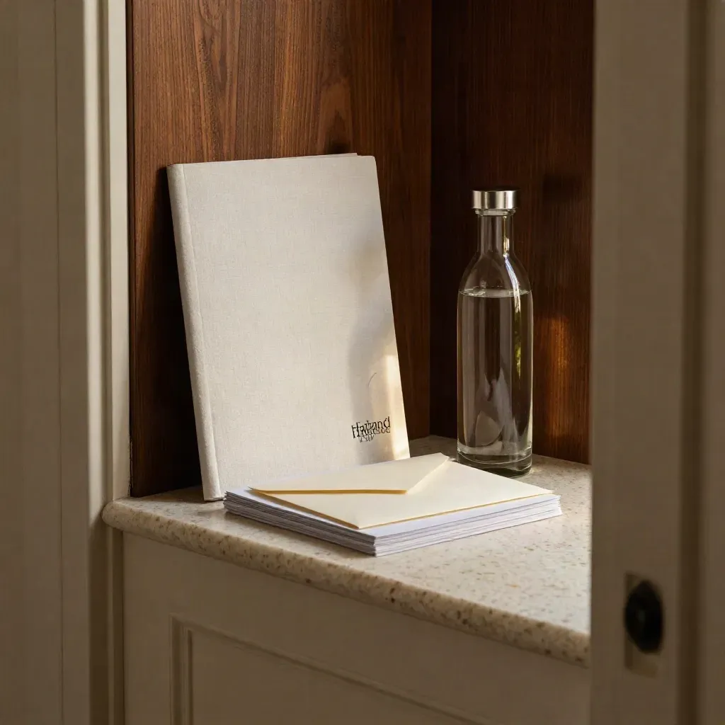 Travertine briefing stack with linen folder, sealed envelope and silver-capped water carafe in a quiet room