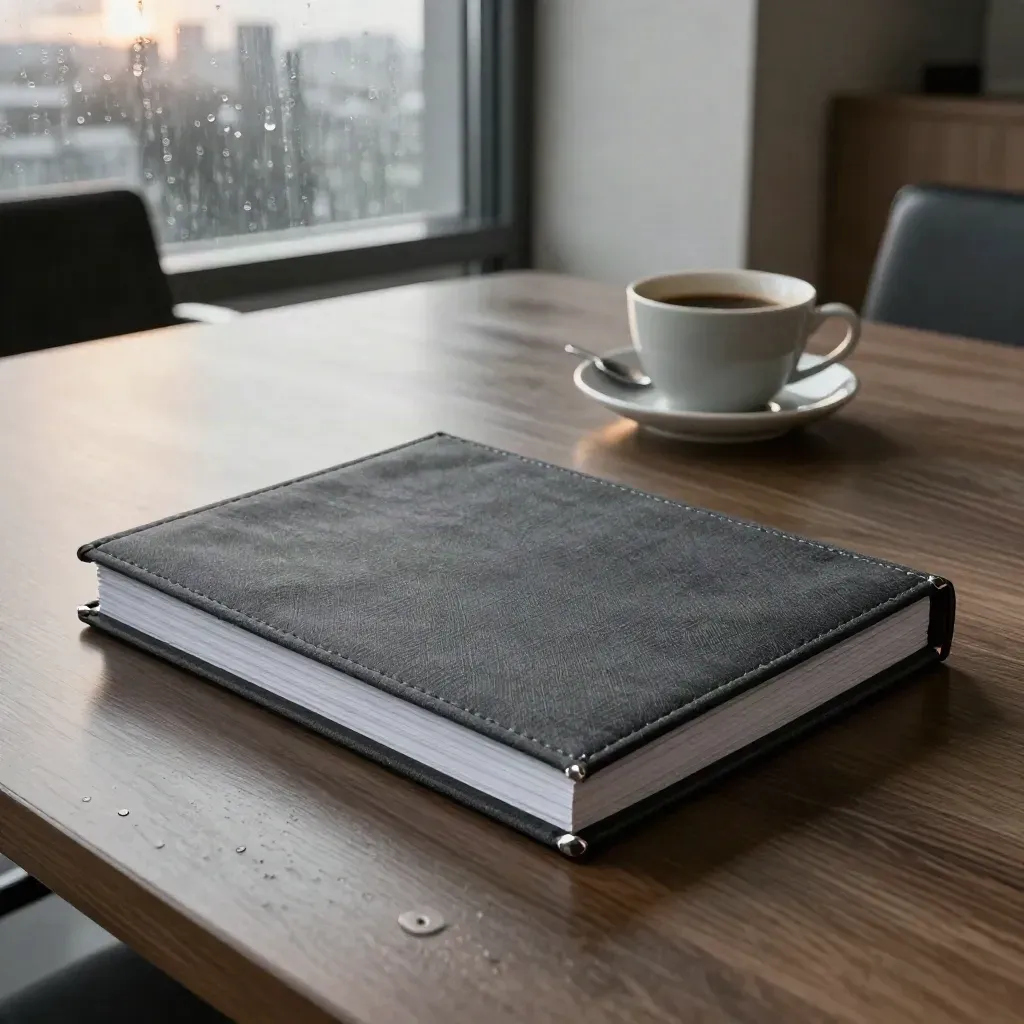 Rain-streaked boardroom table with a closed market note pack, coffee cup, and city reflections.