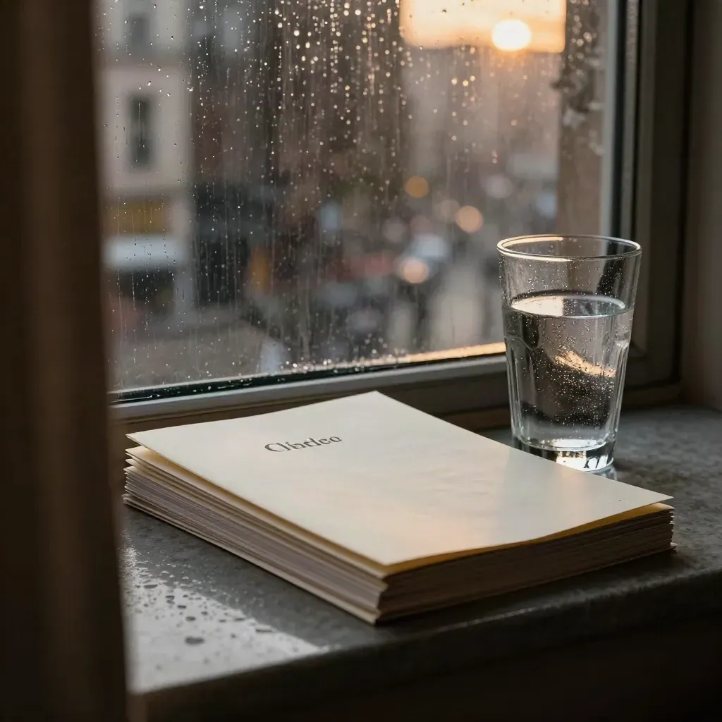 Rain-lit client notes and a glass of water on a window ledge with city reflections.