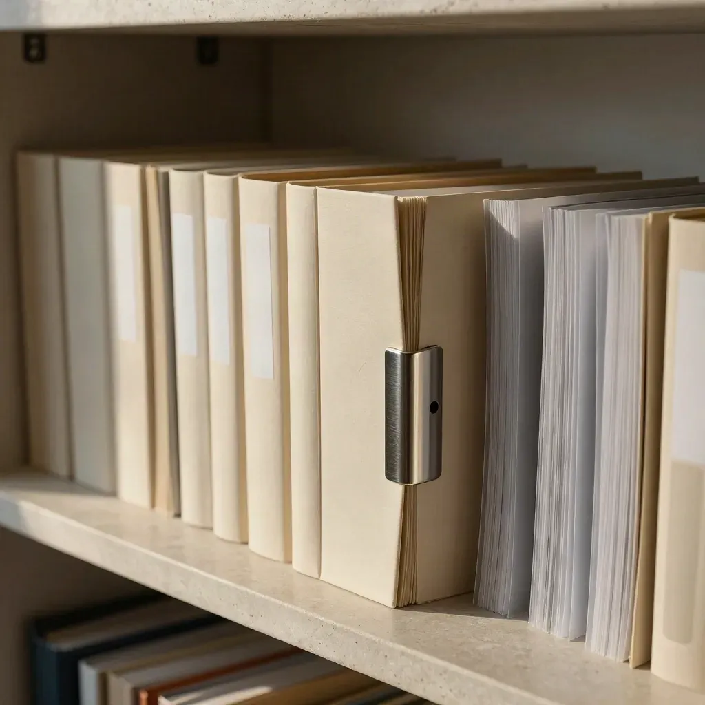 Closed portfolio folders with steel clip and tabs on a limestone shelf in soft morning light