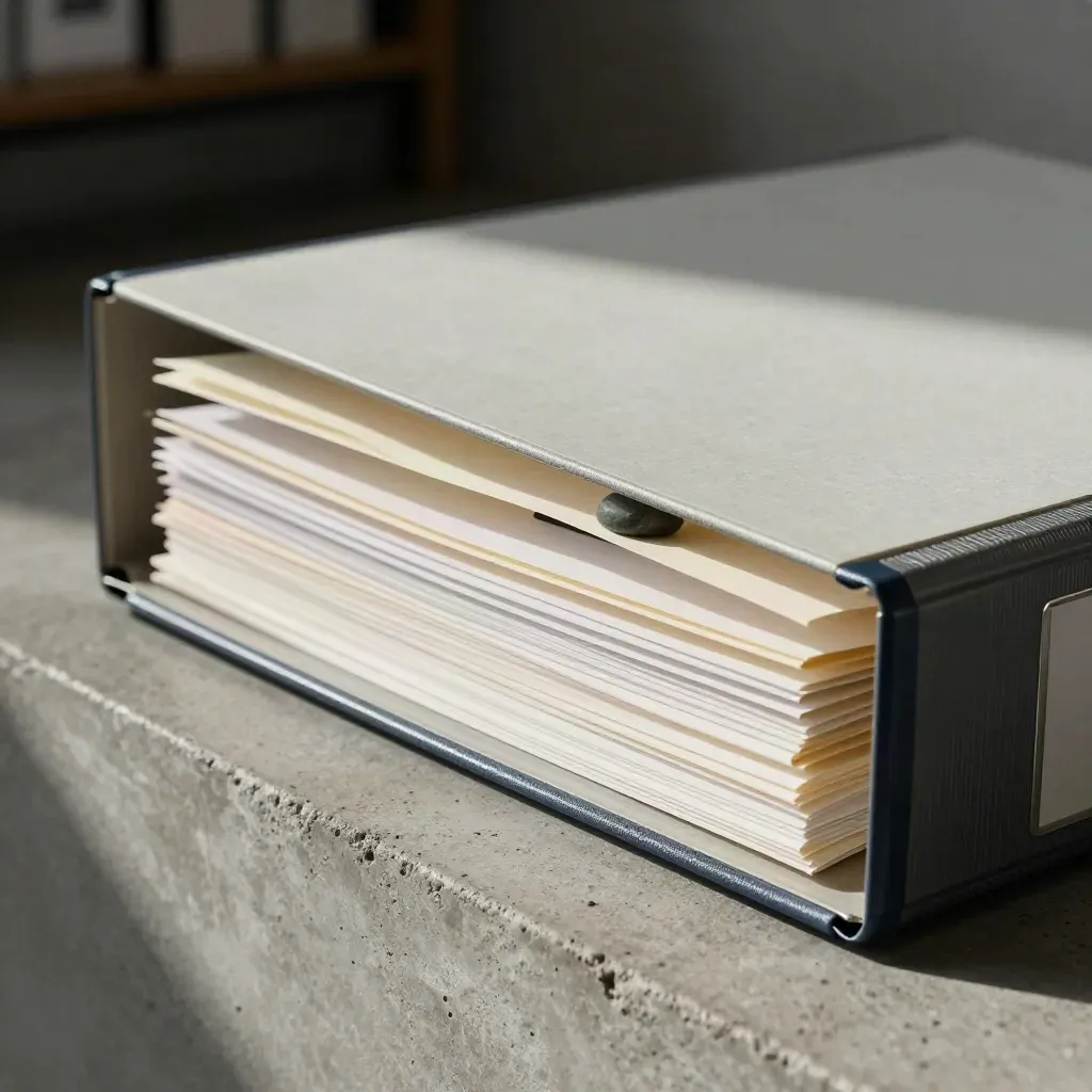 Open archive file with metal spine and stone paperweight on concrete in soft daylight