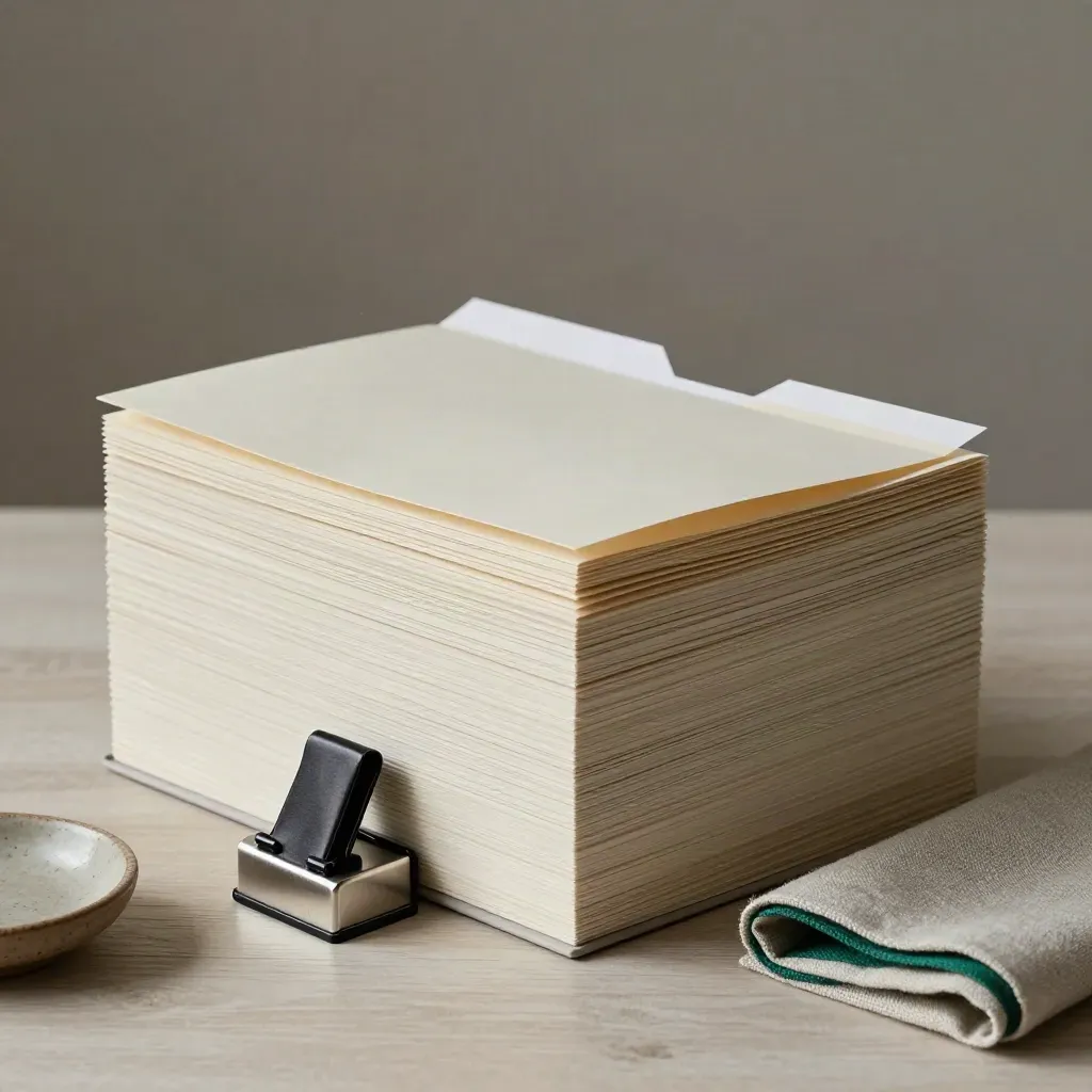 Folder stack, metal paperweight, and linen swatch on pale wood in soft daylight.